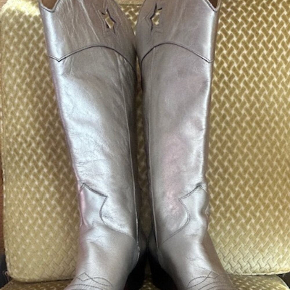 Free People x JO Ghost Silver Distressed Leather Cushion Cowboy Star Boots NEW